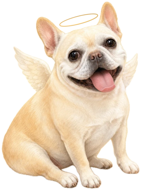 Belly, a cream French bulldog, sitting and smiling with small angel wings and a golden halo