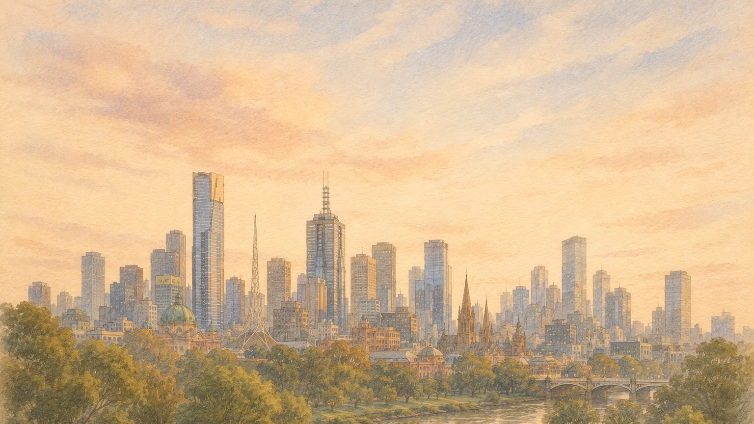 The Melbourne skyline in warm late afternoon light, seen across parkland