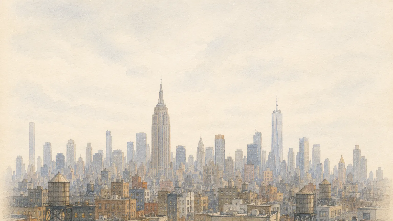The New York skyline under cool winter light, seen across low rooftops and water towers