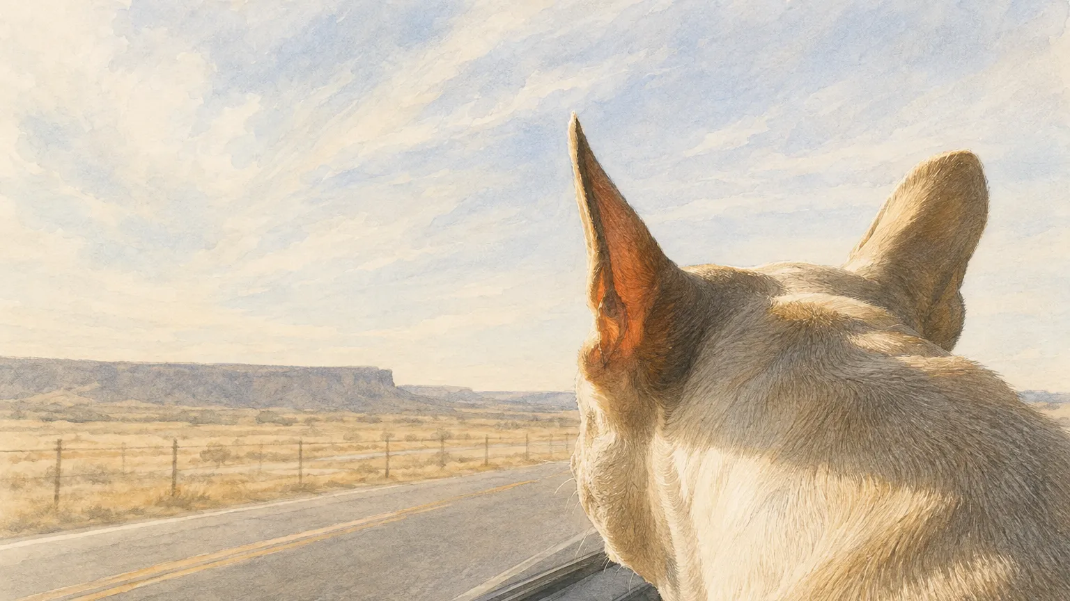 Belly seen from behind at a car window, looking out at an open road and a wide sky