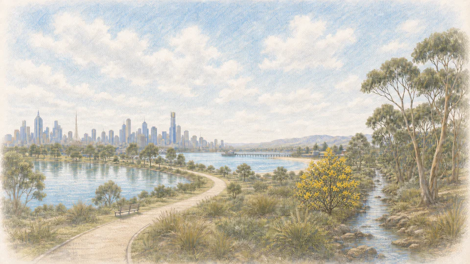 A bright watercolour panorama of Melbourne, a bay, eucalyptus trees, parkland, and a creek