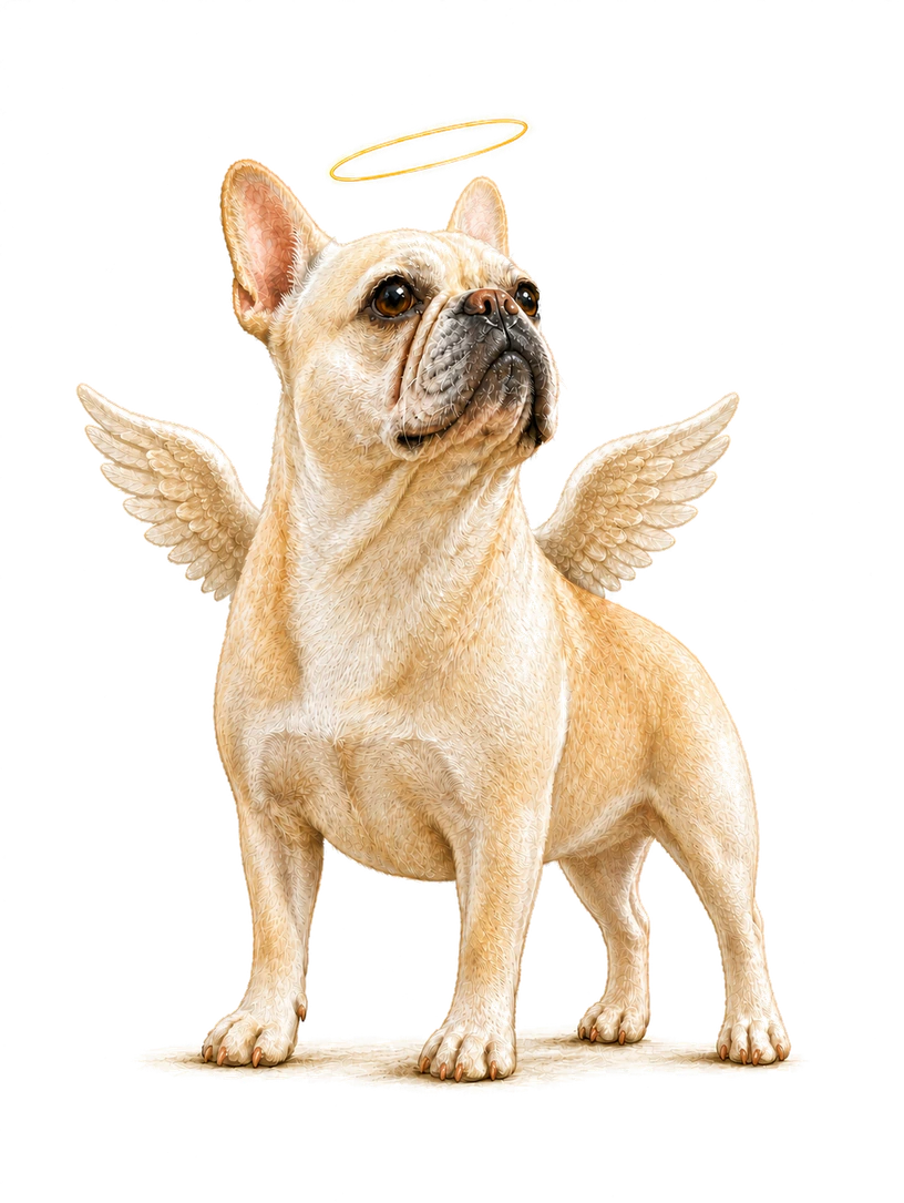 Belly standing proudly with angel wings and a golden halo