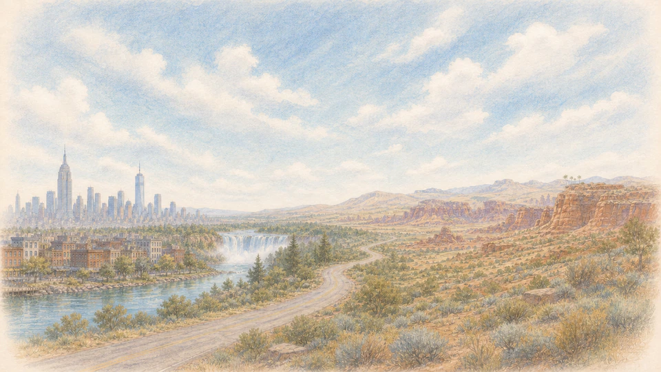 A bright watercolour panorama of a New York skyline, Niagara Falls, an open highway, and the red-rock American Southwest